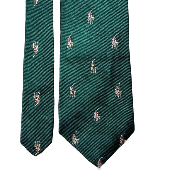 Vintage 90s Polo by Ralph Lauren Green Silk Tie with Embroidered Polo Player - Picture 3 of 10